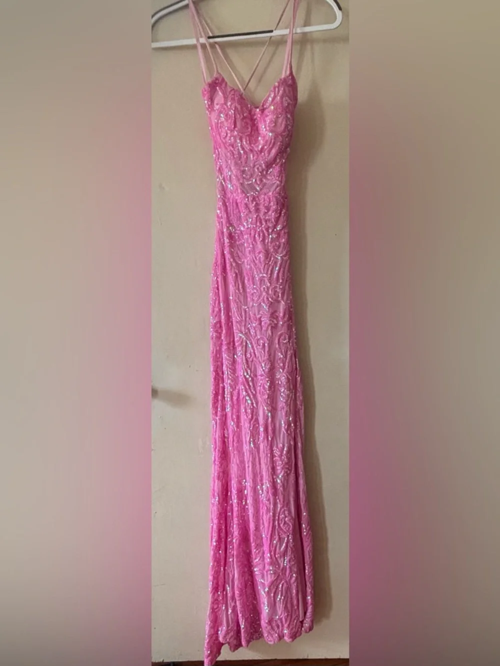 Windsor Pink Sequin Spaghetti-Strap Prom Gown with Thigh Slit - Picture 4 of 12
